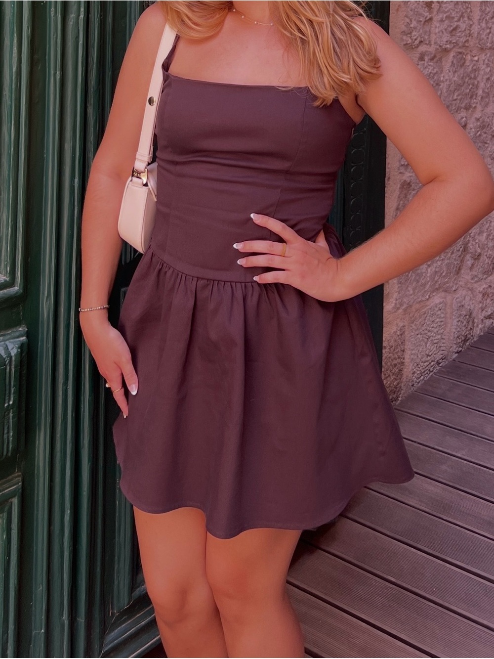 Classic Square-Neck Mini Dress in Chocolate Brown from Dynamite